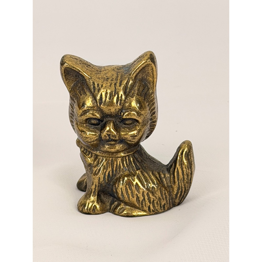 Vintage Brass Kitten Figurine Miniature Cat Statue Textured Metal Decor 3 Inch